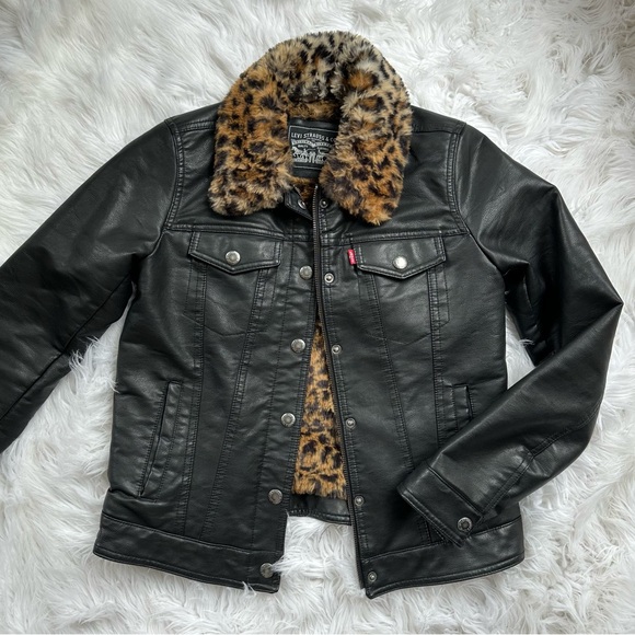 [ Levi’s ] Women’s Leopard Print Fur Lined Leather Jacket - Picture 13 of 16